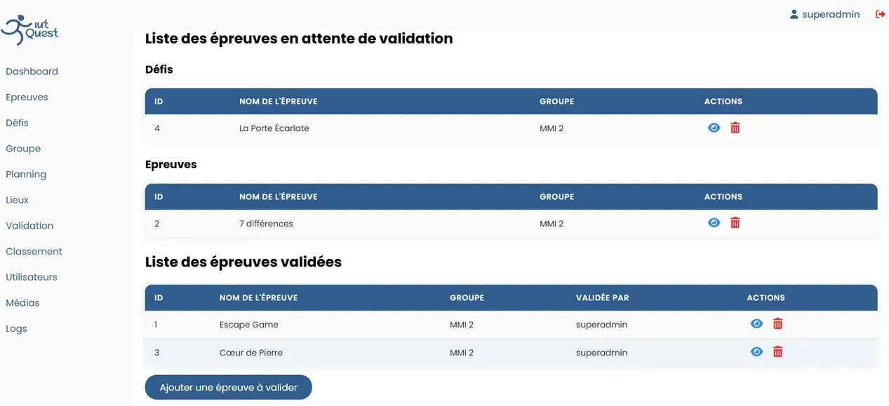 Interface d'administration d'IUT Quest : gestion des épreuves et des participants