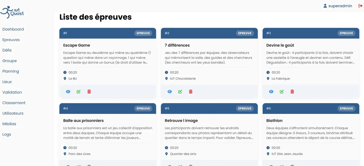 Page d'une épreuve d'IUT Quest avec son barème et ses résultats